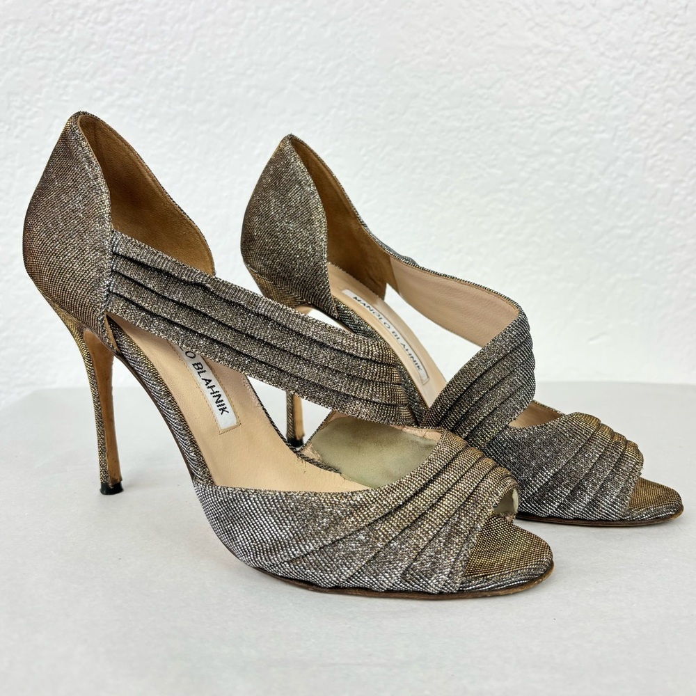{Manolo Blahnik} Shimmer Sparkle Glitter Pleated open-Toe Heels, Size 39
